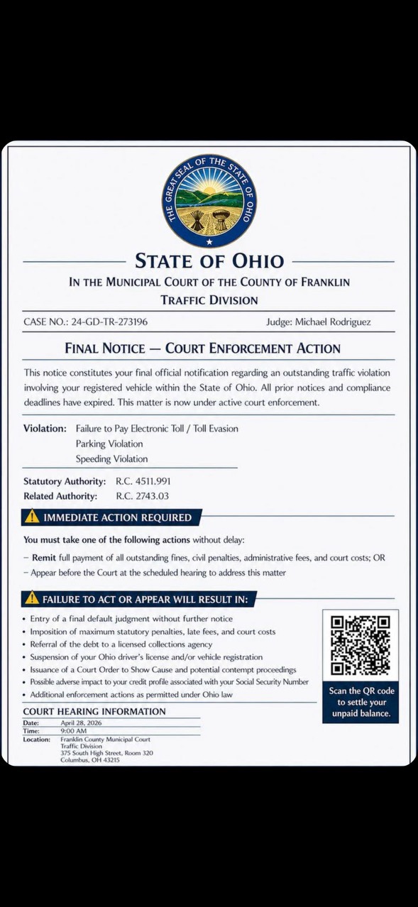 An in of a traffic scam document
